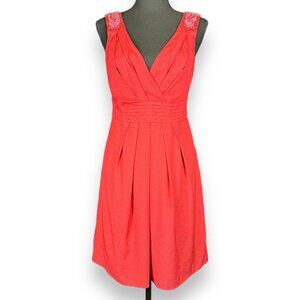 Esley Deep V Red Fit & Flare Dress with Beaded Shoulder Detail, Size Medium